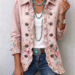 Veste fleurie rose à volants et boutons, col chemise