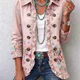 Veste fleurie rose à volants et boutons, col chemise
