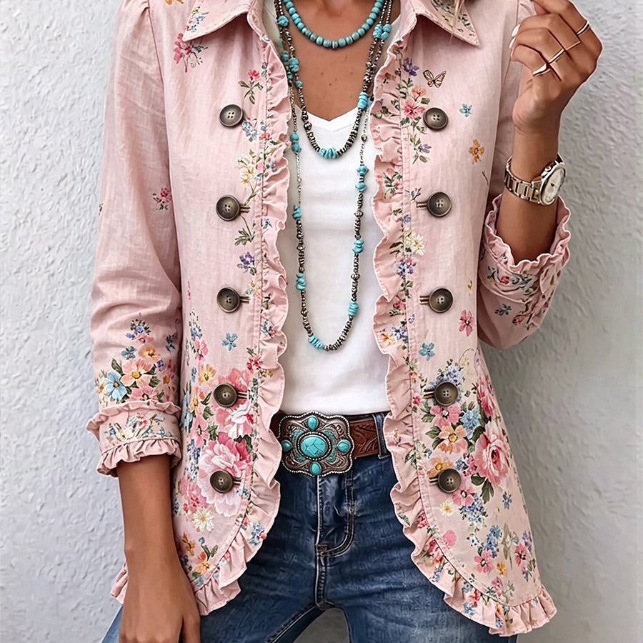 Veste fleurie rose à volants et boutons, col chemise