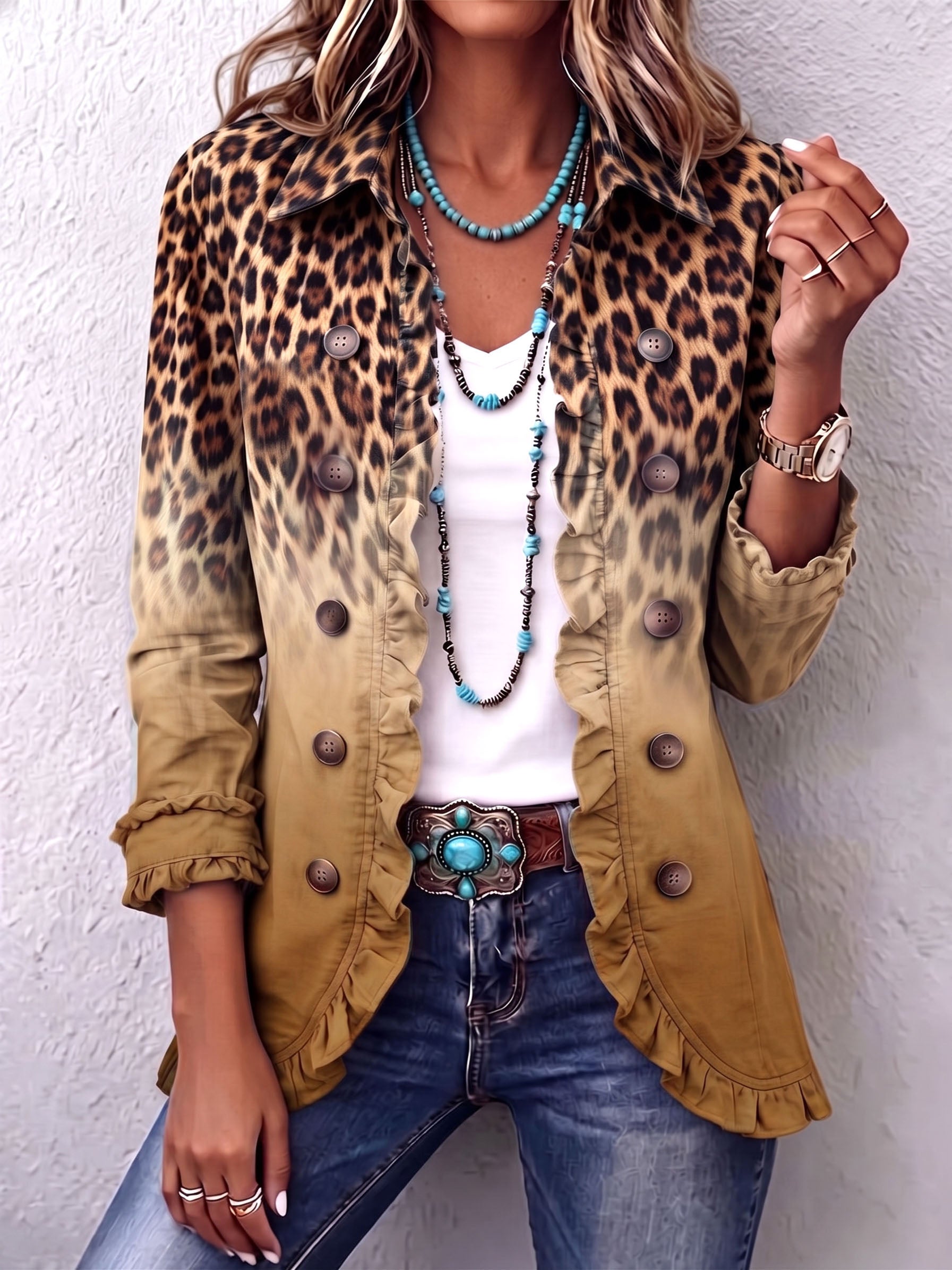 Blazer ocre à empiècement léopard, boutonné, poches à rabat et col à revers