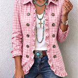 Veste à carreaux vichy roses, volants froncés et boutons ronds, manches longues