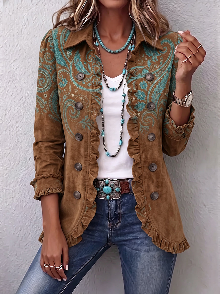 Veste marron à motifs paisley, boutons devant, col arrondi