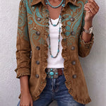 Veste marron à motifs paisley, boutons devant, col arrondi