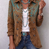 Veste marron à motifs paisley, boutons devant, col arrondi