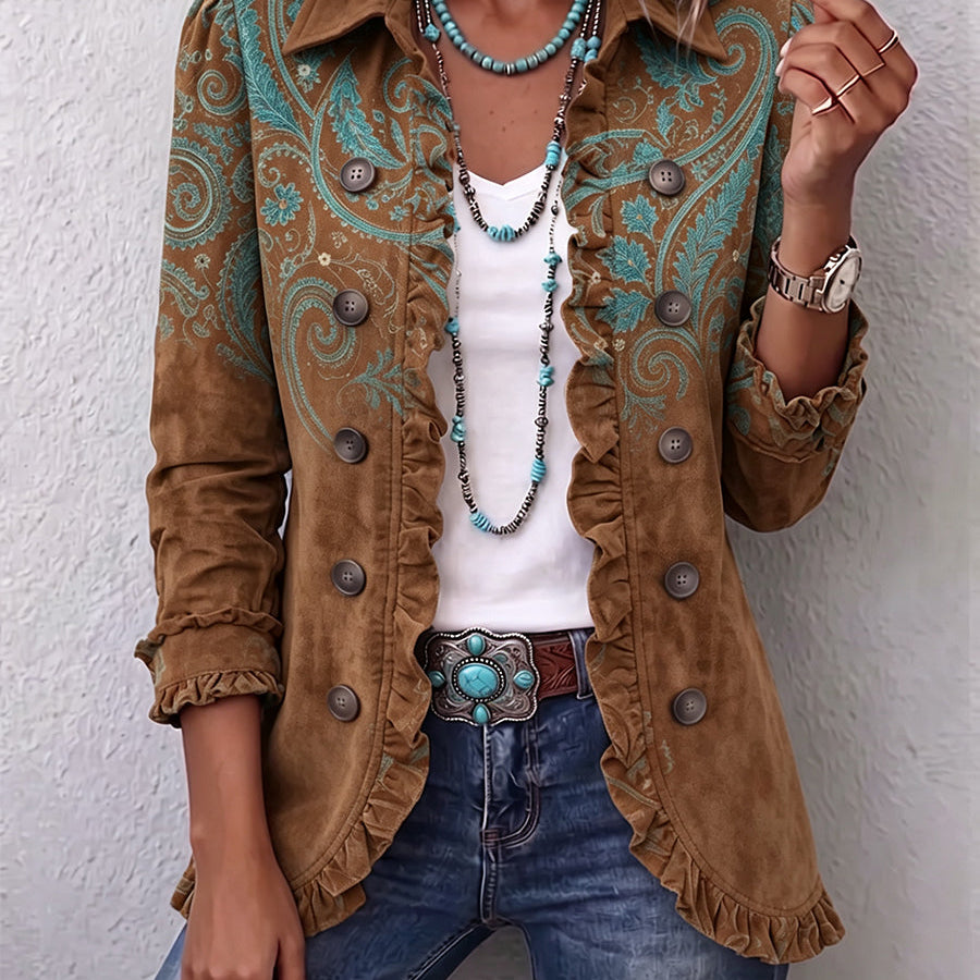 Veste marron à motifs paisley, boutons devant, col arrondi