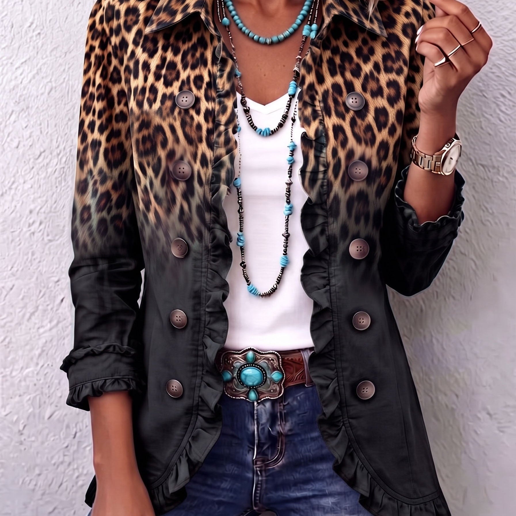 Veste blazer courte léopard dégradé anthracite à volants, boutons, col à revers
