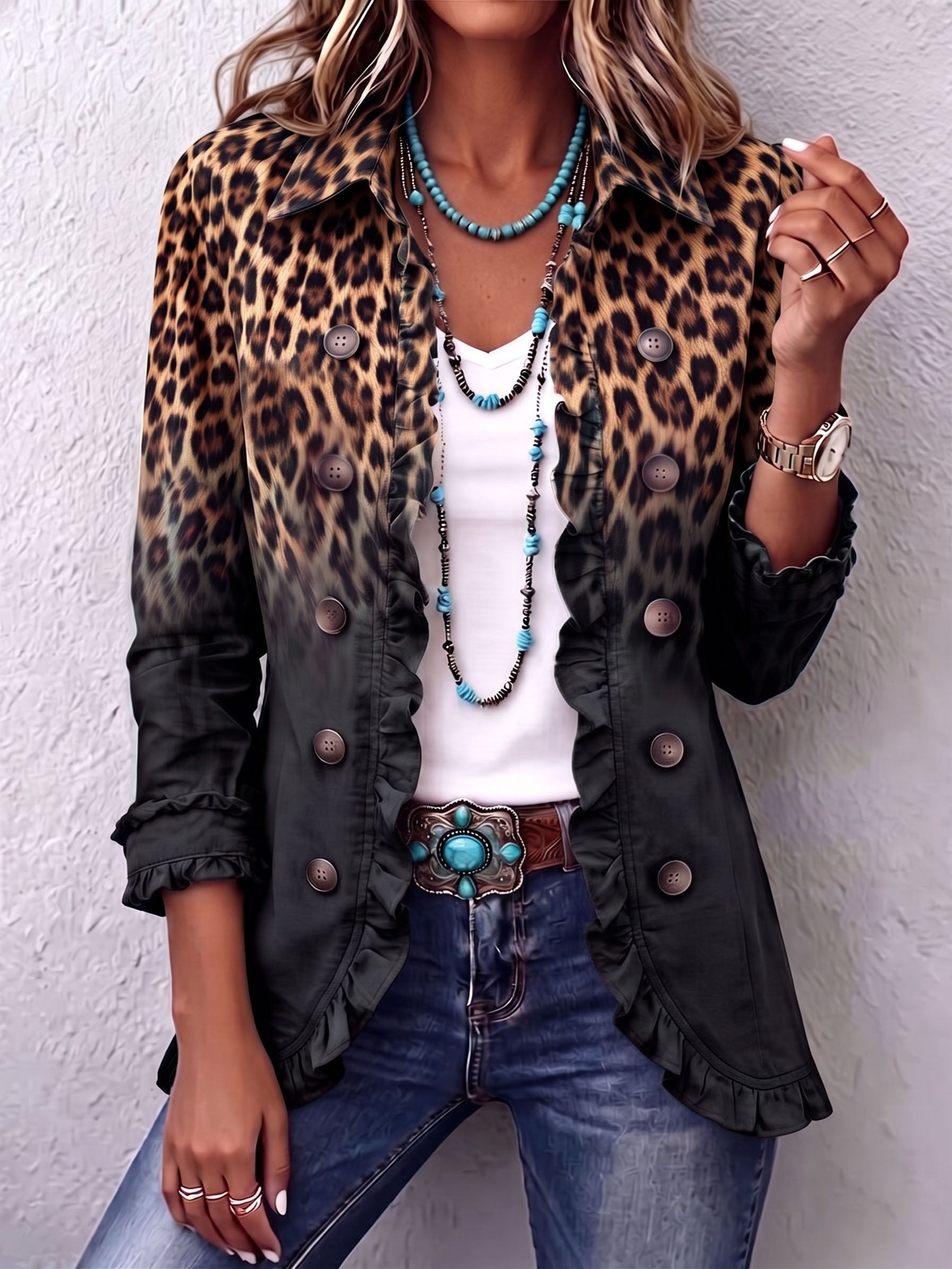 Veste blazer courte léopard dégradé anthracite à volants, boutons, col à revers