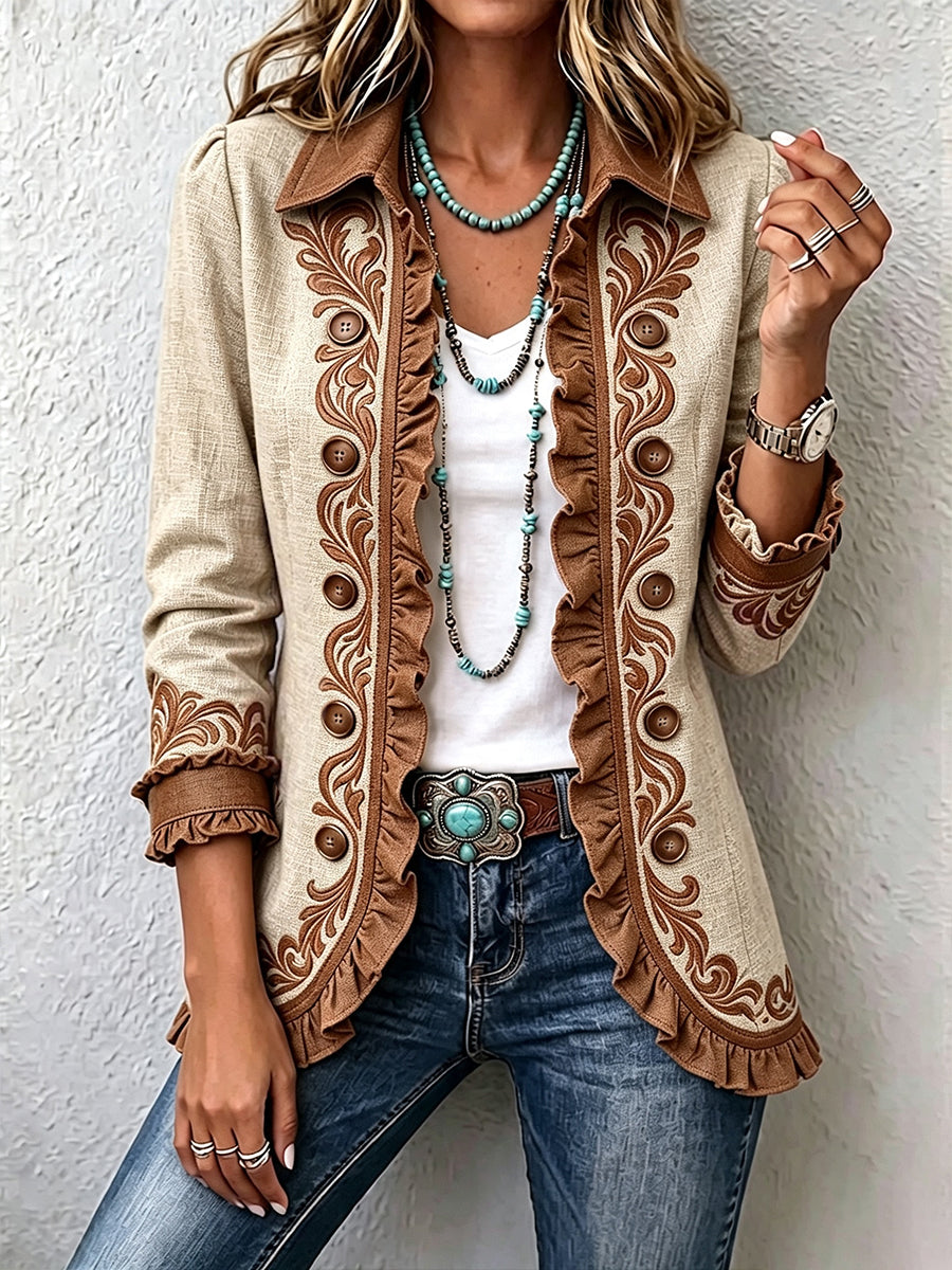 Veste bohème beige en lin, bordures brunes brodées et fermeture boutonnée