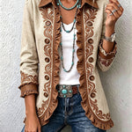 Veste bohème beige en lin, bordures brunes brodées et fermeture boutonnée