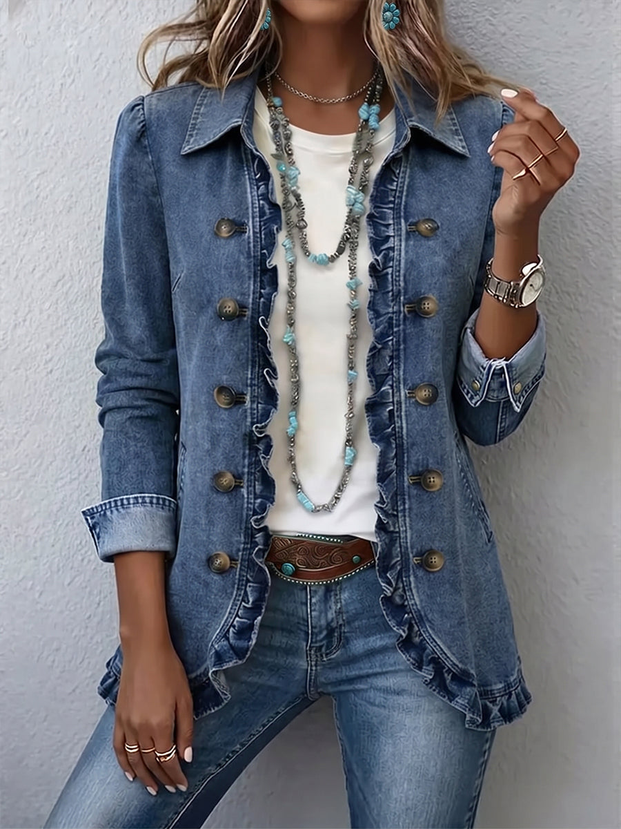 Veste en jean bleu moyen à volants et boutons dorés, manches longues