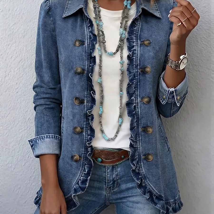 Veste en jean bleu moyen à volants et boutons dorés, manches longues
