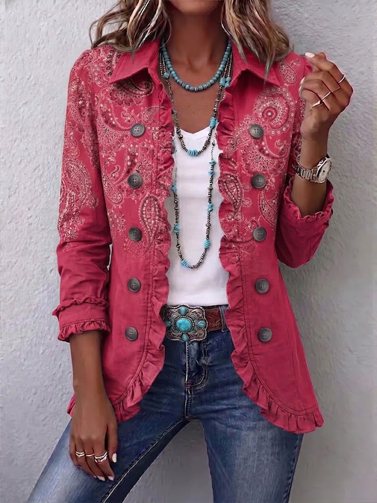 Veste rose à motif paisley vintage, boutonnée, col et poignets à volants