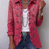 Veste rose à motif paisley vintage, boutonnée, col et poignets à volants
