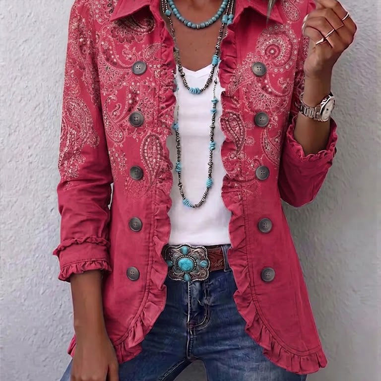 Veste rose à motif paisley vintage, boutonnée, col et poignets à volants