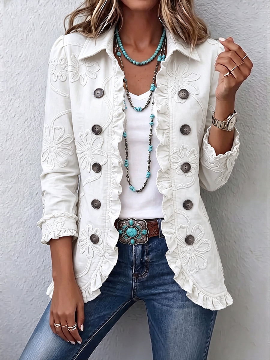 Veste bohème chic ivoire brodée de fleurs, manches froncées, boutons et poches