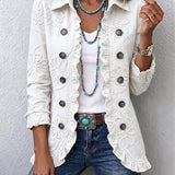 Veste bohème chic ivoire brodée de fleurs, manches froncées, boutons et poches