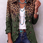 Veste blazer léopard dégradé vert olive, col à motifs, boutonnage et poches à rabat.