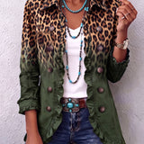 Veste blazer léopard dégradé vert olive, col à motifs, boutonnage et poches à rabat.