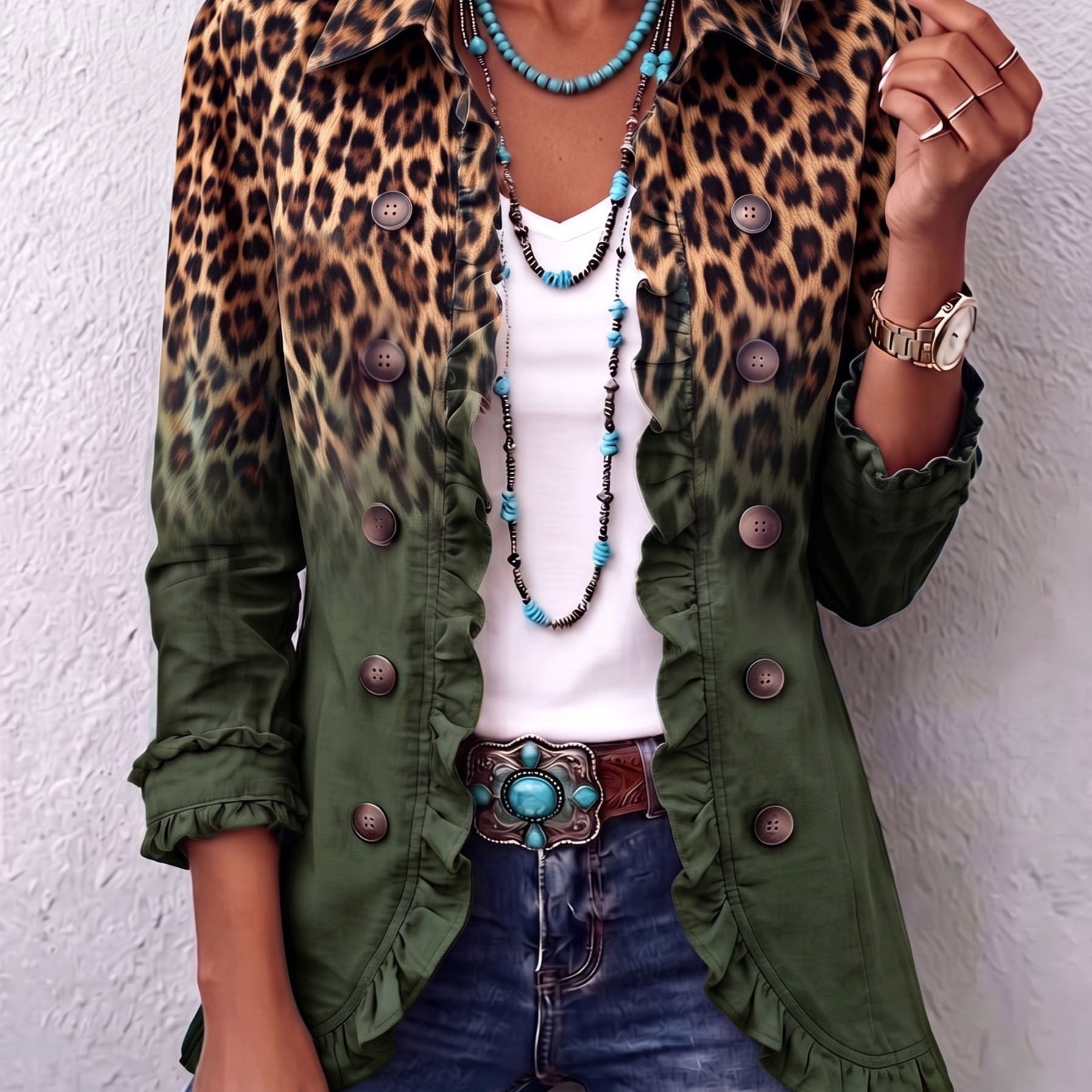 Veste blazer léopard dégradé vert olive, col à motifs, boutonnage et poches à rabat.