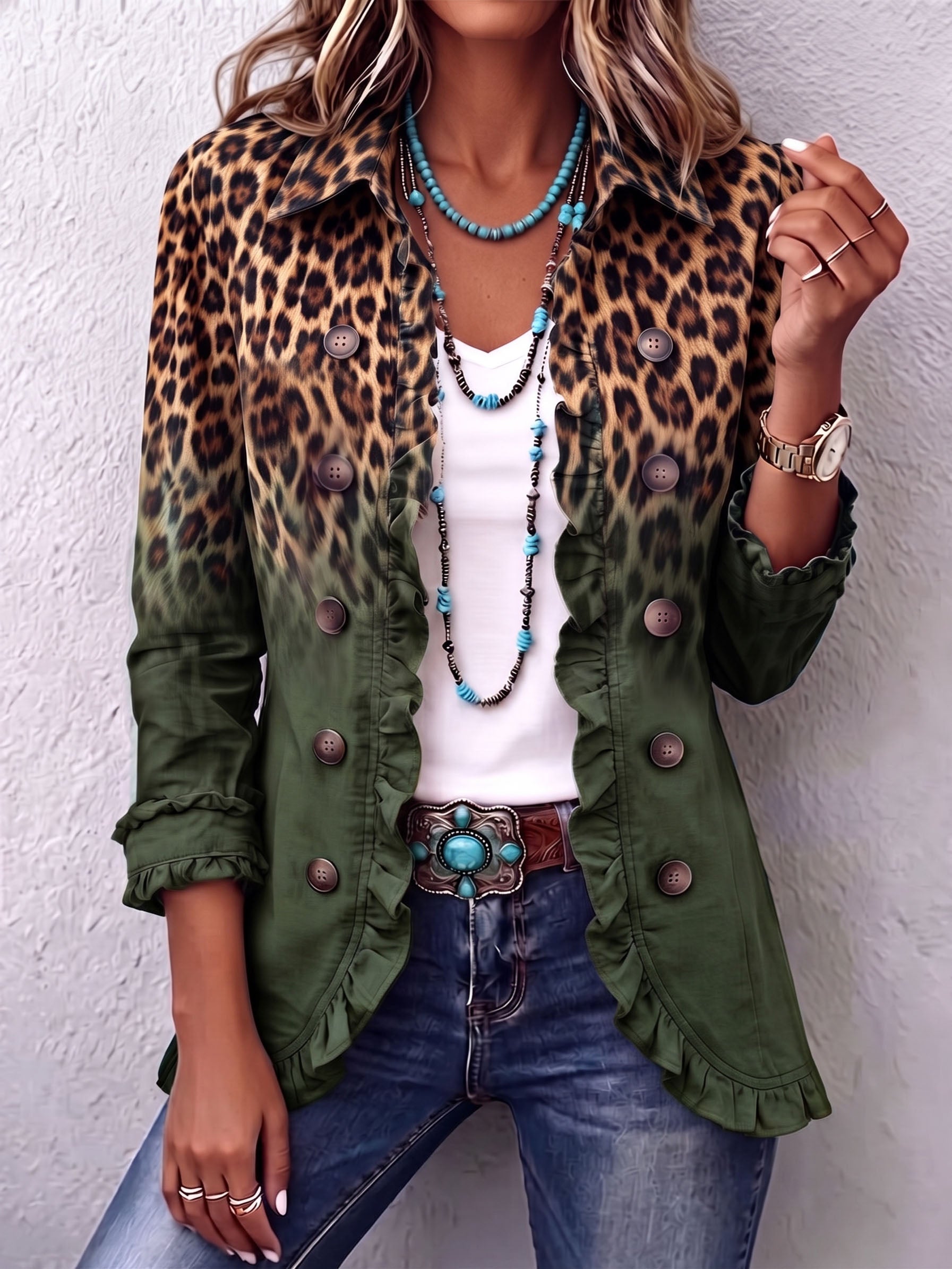 Veste blazer léopard dégradé vert olive, col à motifs, boutonnage et poches à rabat.