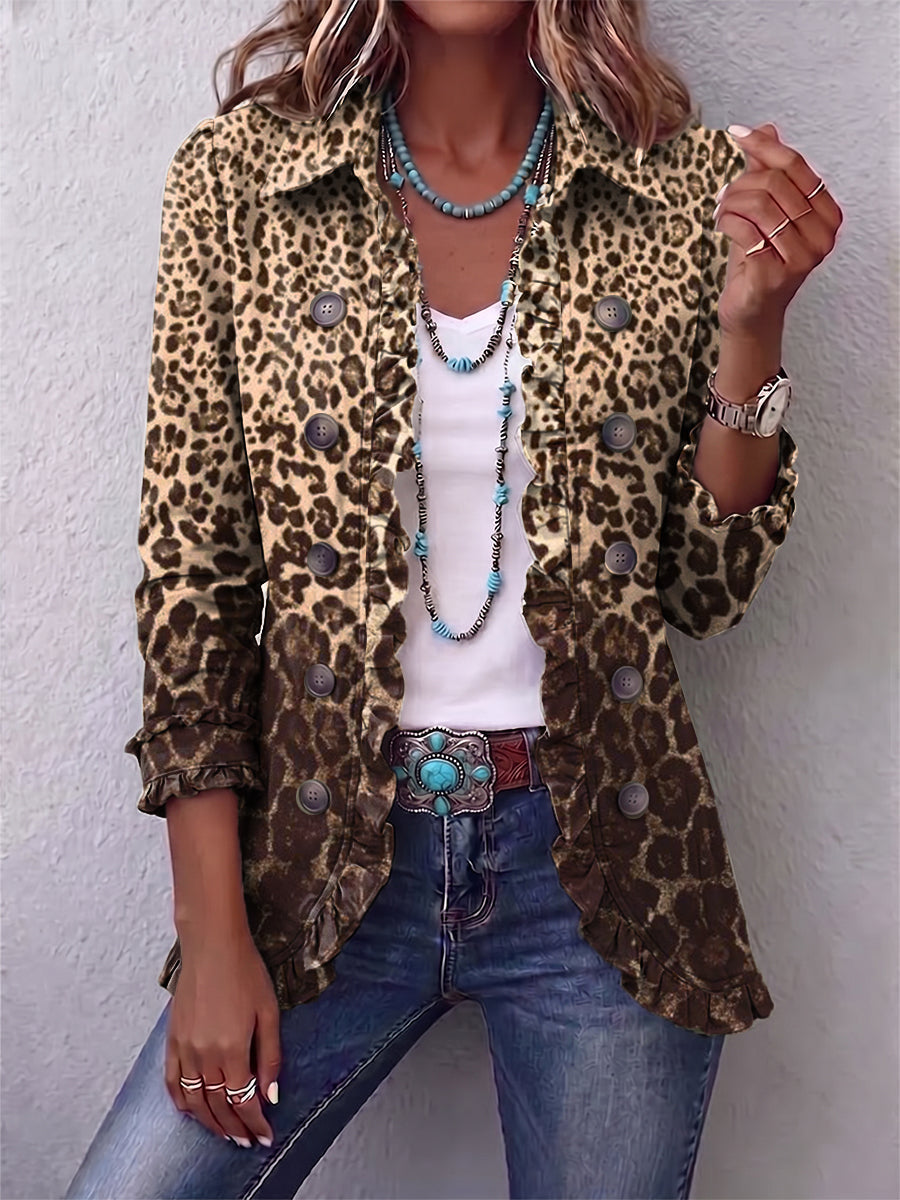 Veste boutonnée à imprimé léopard multicolore, col et poches à rabat