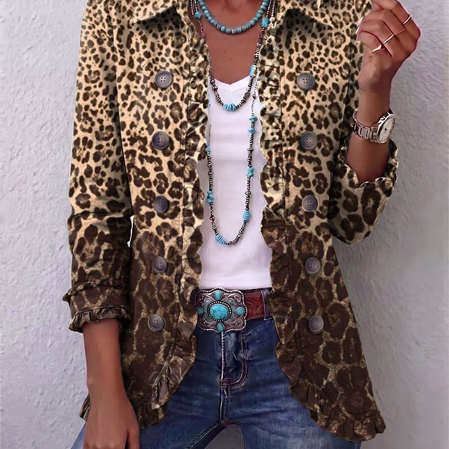Veste boutonnée à imprimé léopard multicolore, col et poches à rabat