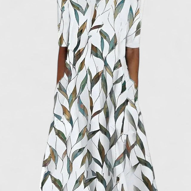 Robe midi blanche à motif feuilles vertes, manches courtes, encolure ronde