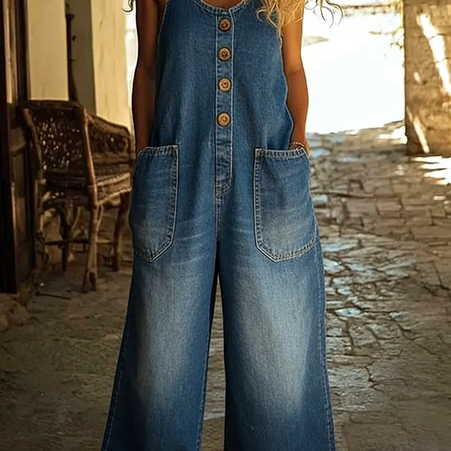 Salopette en denim bleu clair, vue de dos, bretelles et boutons, poches plaquées.