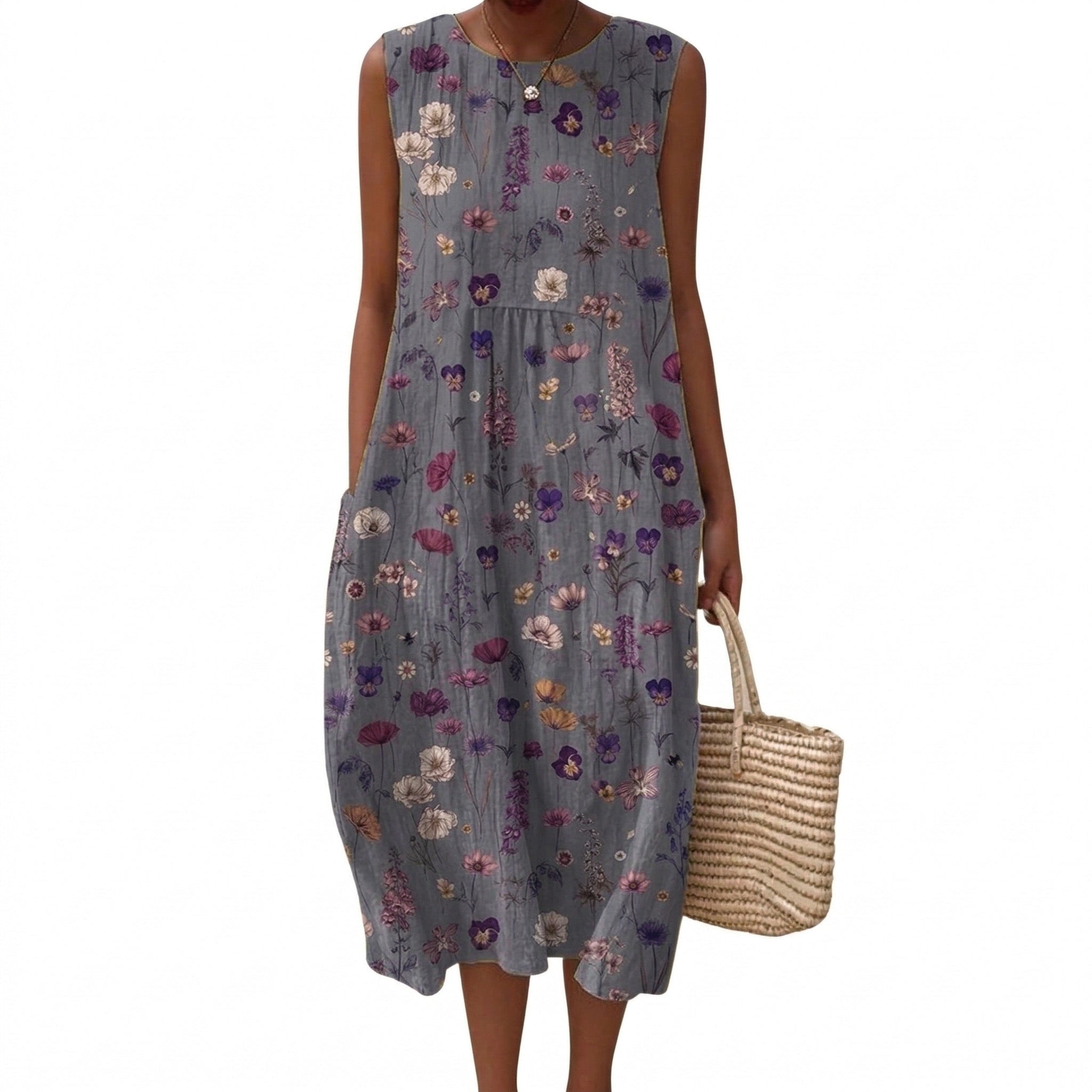 Robe d’été sans manches grise bleutée à fleurs multicolores, encolure ronde, style évasé.
