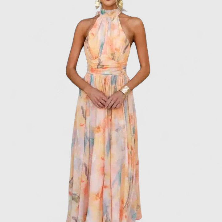 Robe midi multicolore à encolure licou, taille marquée et jupe fluide